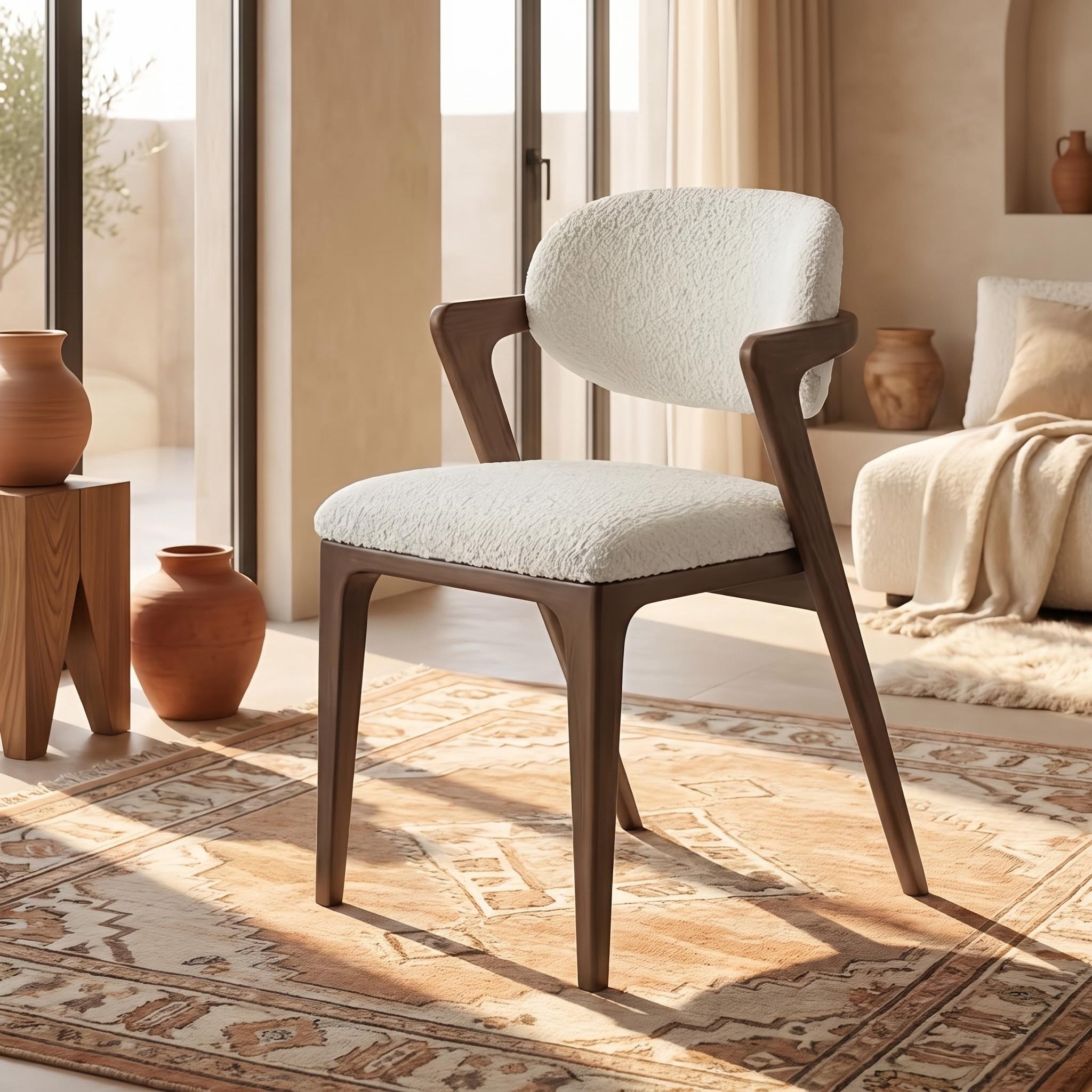 Bay Furniture Triangle-Arm Bouclé Dining Chair with Splayed Walnut Legs