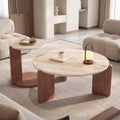 Bay Furniture Travertine Round Coffee & Side Table Set with Arch-Leg Walnut Base