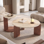Bay Furniture Travertine Round Coffee & Side Table Set with Arch-Leg Walnut Base