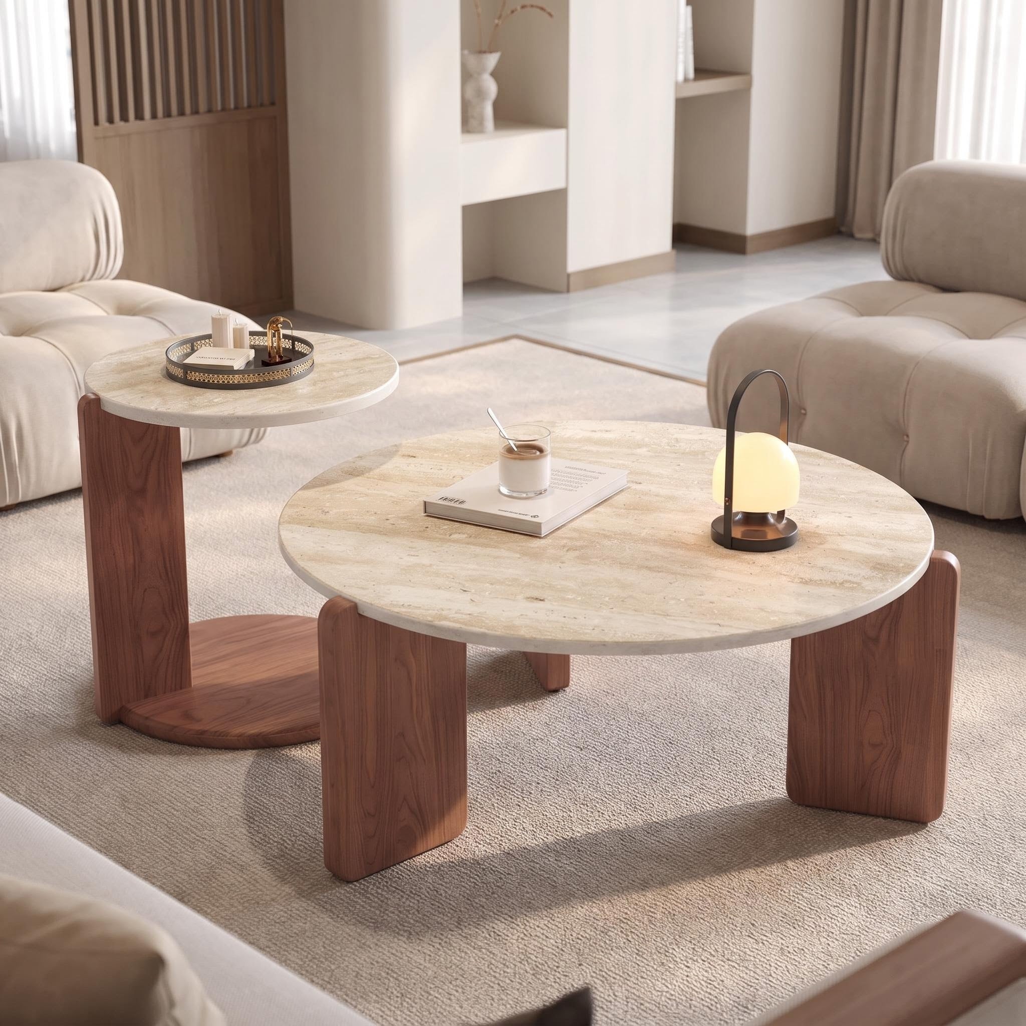 Bay Furniture Travertine Round Coffee & Side Table Set with Arch-Leg Walnut Base