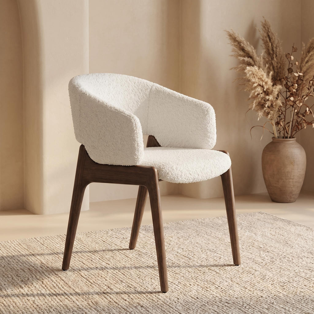 Bay Furniture U-Shell Bouclé & Shaggy Dining Chair with Walnut Legs