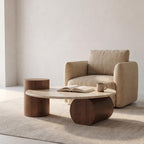 Bay Furniture Travertine Oval Coffee Table & Walnut Drum Side Table Set