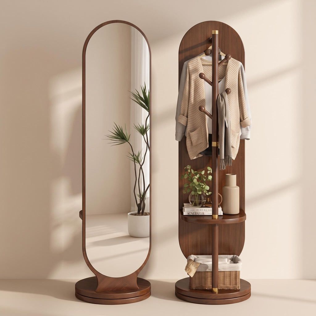 Bay Furniture Rotating Oval Mirror with Coat Rack & Shelves