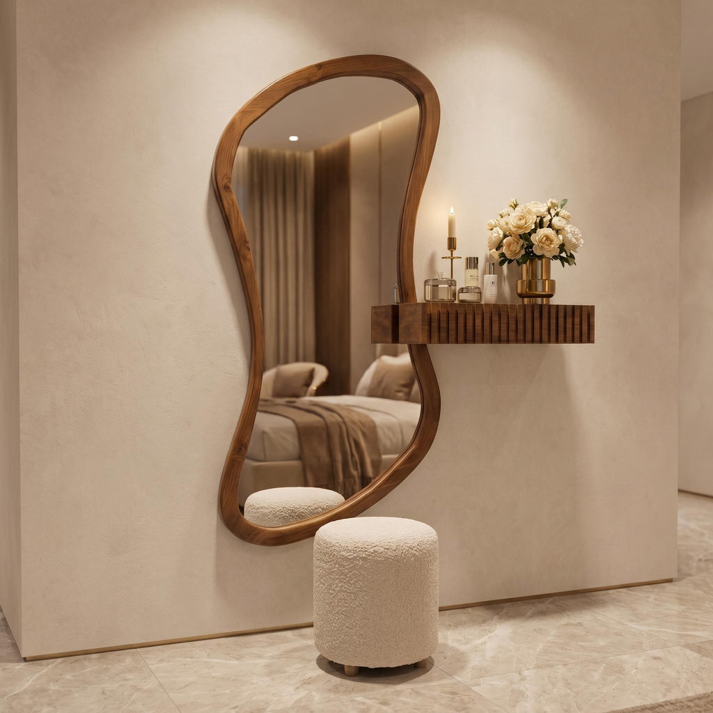 Organic Mirror, Fluted Shelf & Bouclé Stool Set – Walnut | Bay Furniture