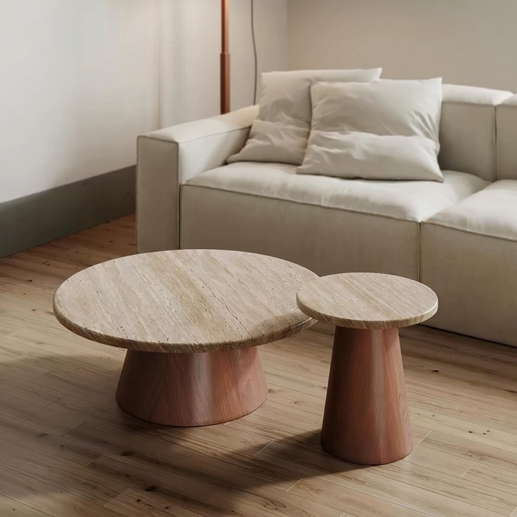 Bay Furniture Travertine Round Coffee & Side Table Set with Walnut Cone Pedestal