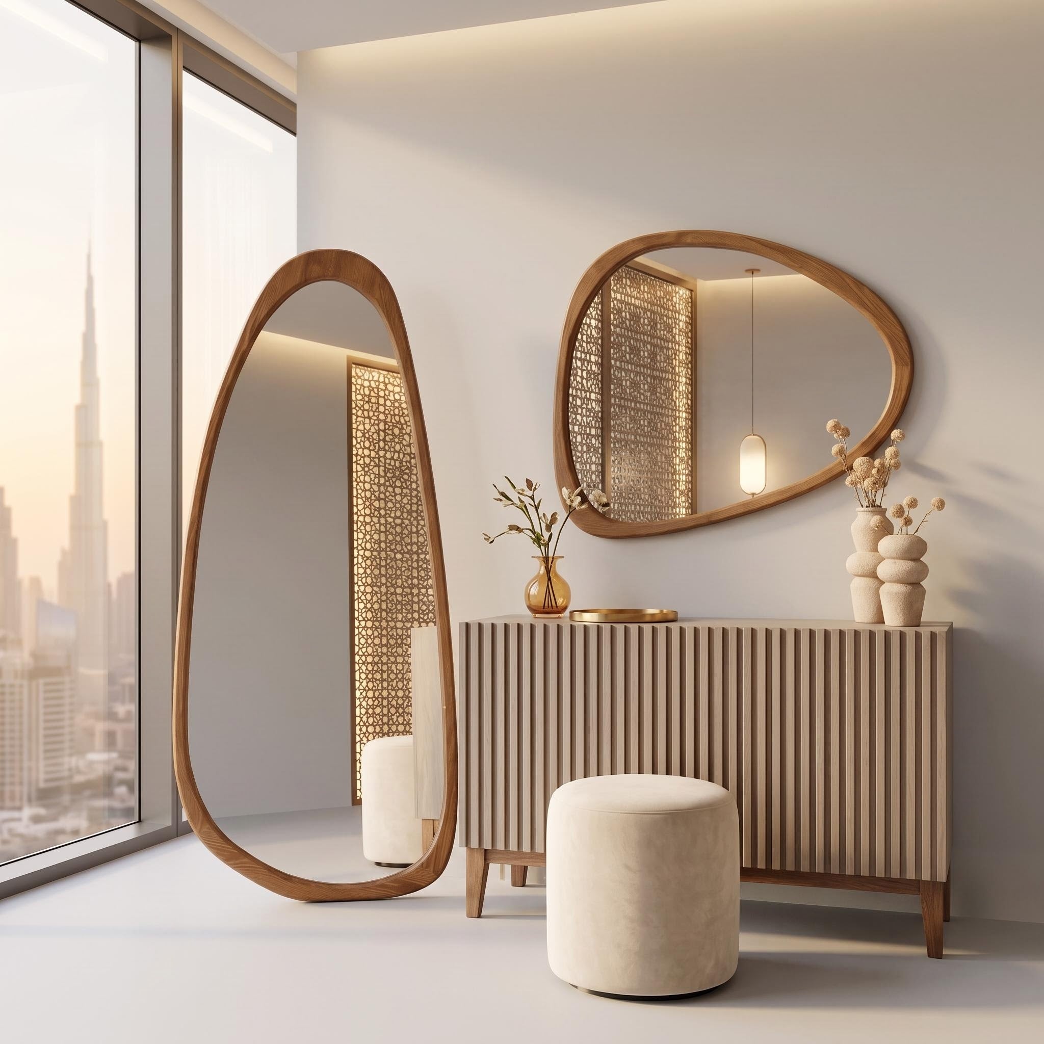 Organic Floor Mirror, Wall Mirror, Fluted Cabinet & Stool Set – Walnut | Bay Furniture