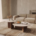 Bay Furniture Round Stone Nesting Coffee Table Set with Cross-Base Walnut Pedestals
