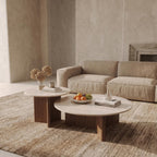 Bay Furniture Round Stone Nesting Coffee Table Set with Cross-Base Walnut Pedestals