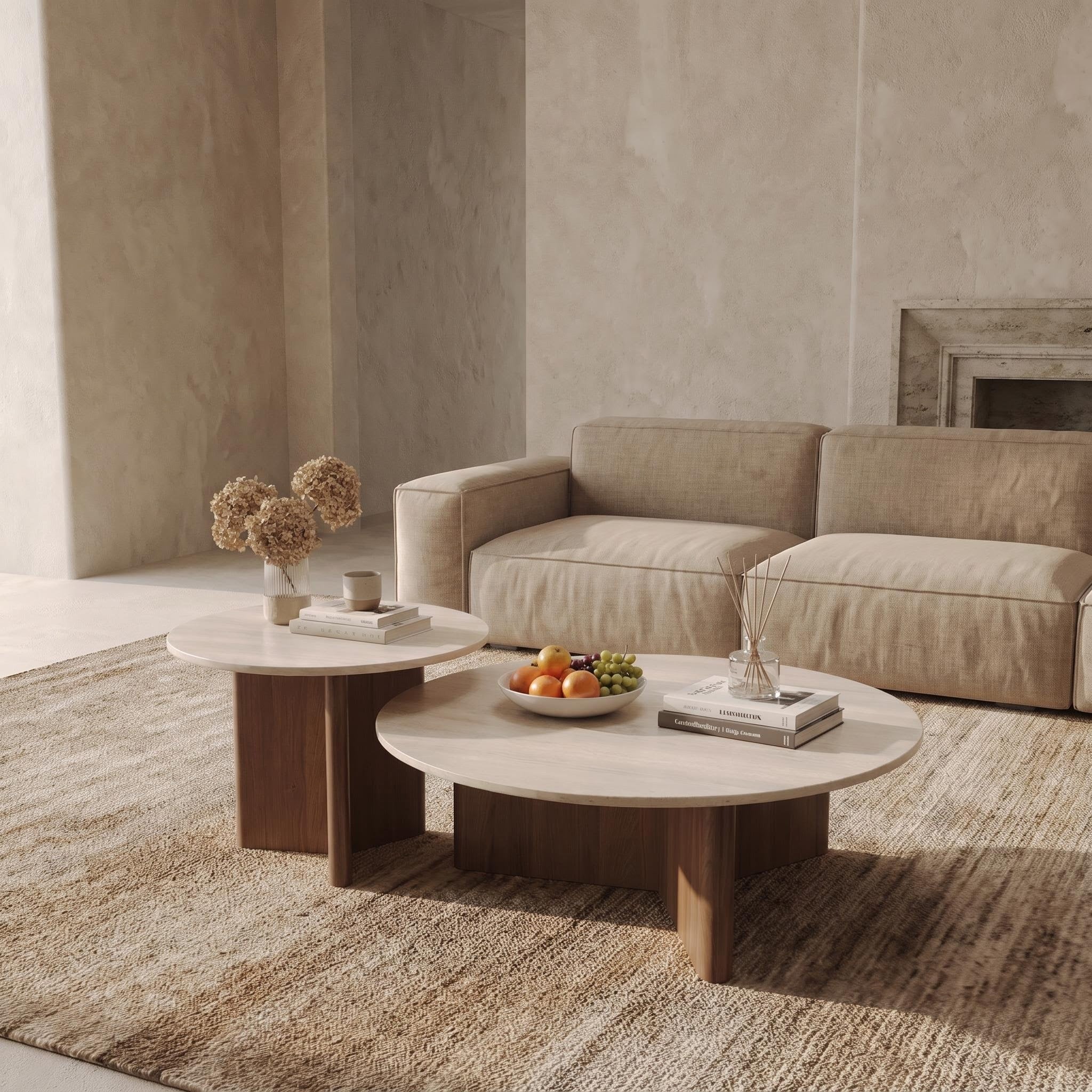 Bay Furniture Round Stone Nesting Coffee Table Set with Cross-Base Walnut Pedestals