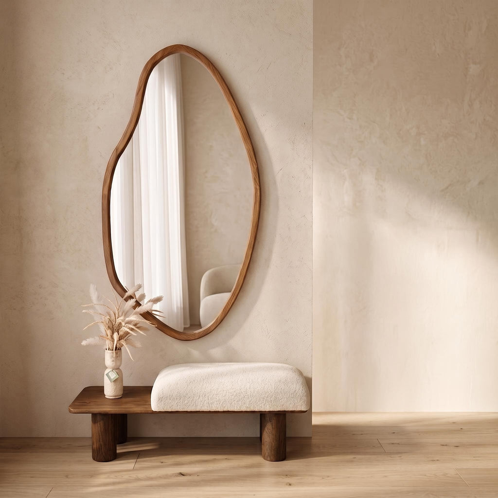 Organic Mirror & Walnut Bench Set – Bouclé Cushion | Bay Furniture