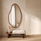 Organic Mirror & Walnut Bench Set – Bouclé Cushion | Bay Furniture
