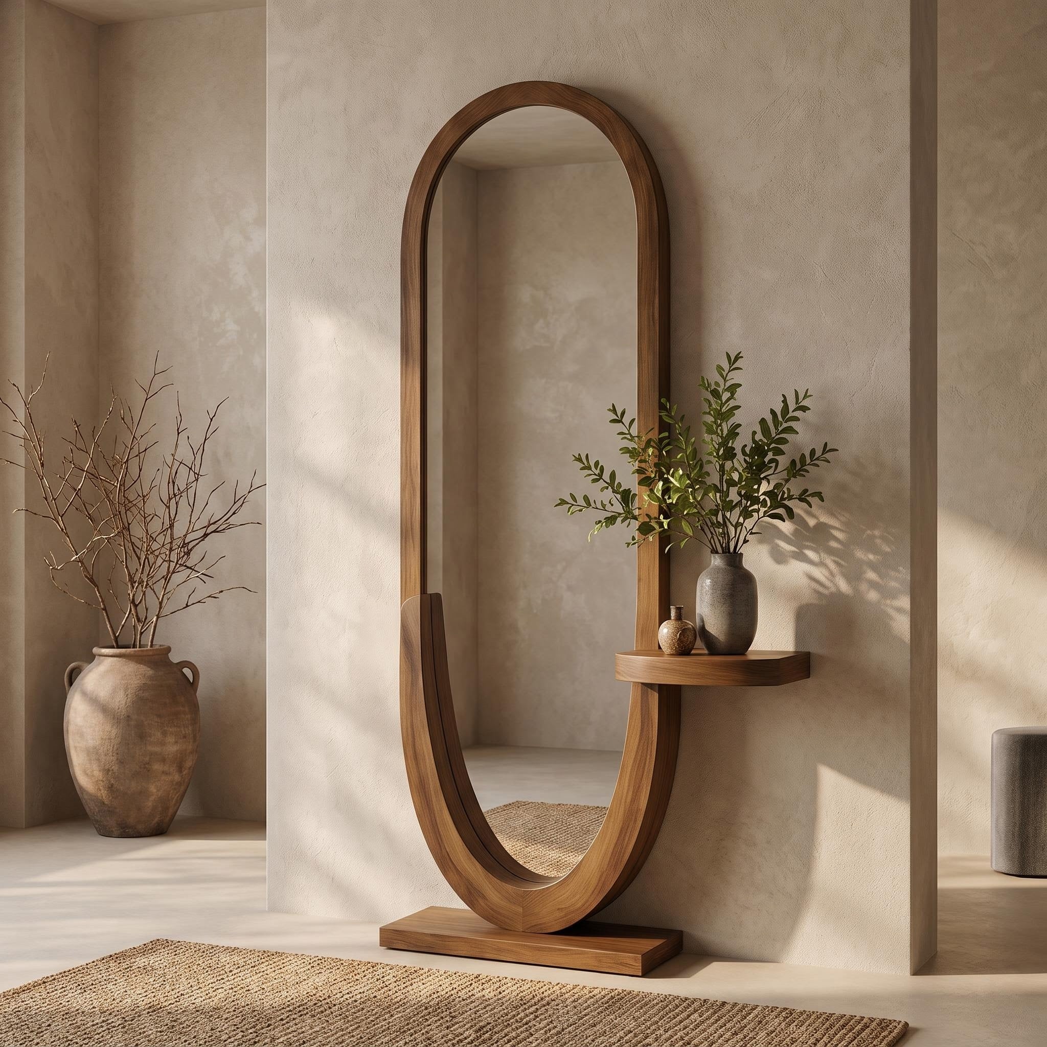 Bay Furniture Oval Standing Floor Mirror with Side Shelf