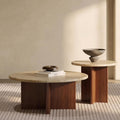 Bay Furniture Travertine Round Coffee & Side Table Set with Wide Cross-Panel Walnut Base