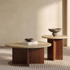 Bay Furniture Travertine Round Coffee & Side Table Set with Wide Cross-Panel Walnut Base
