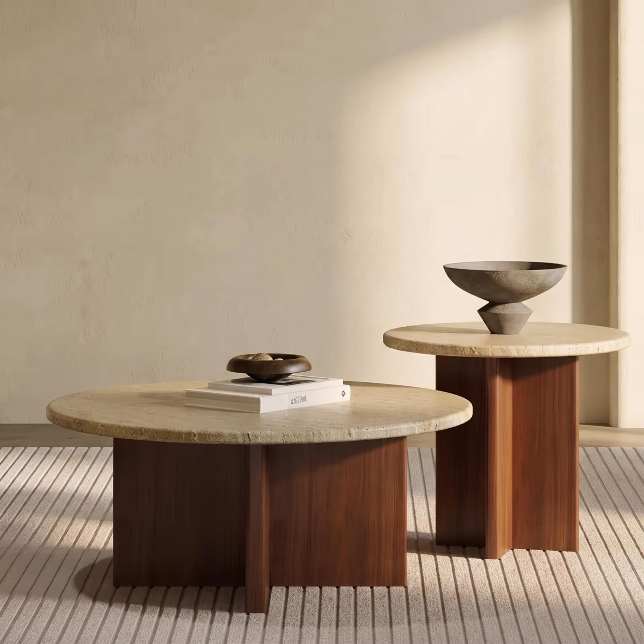 Bay Furniture Travertine Round Coffee & Side Table Set with Wide Cross-Panel Walnut Base