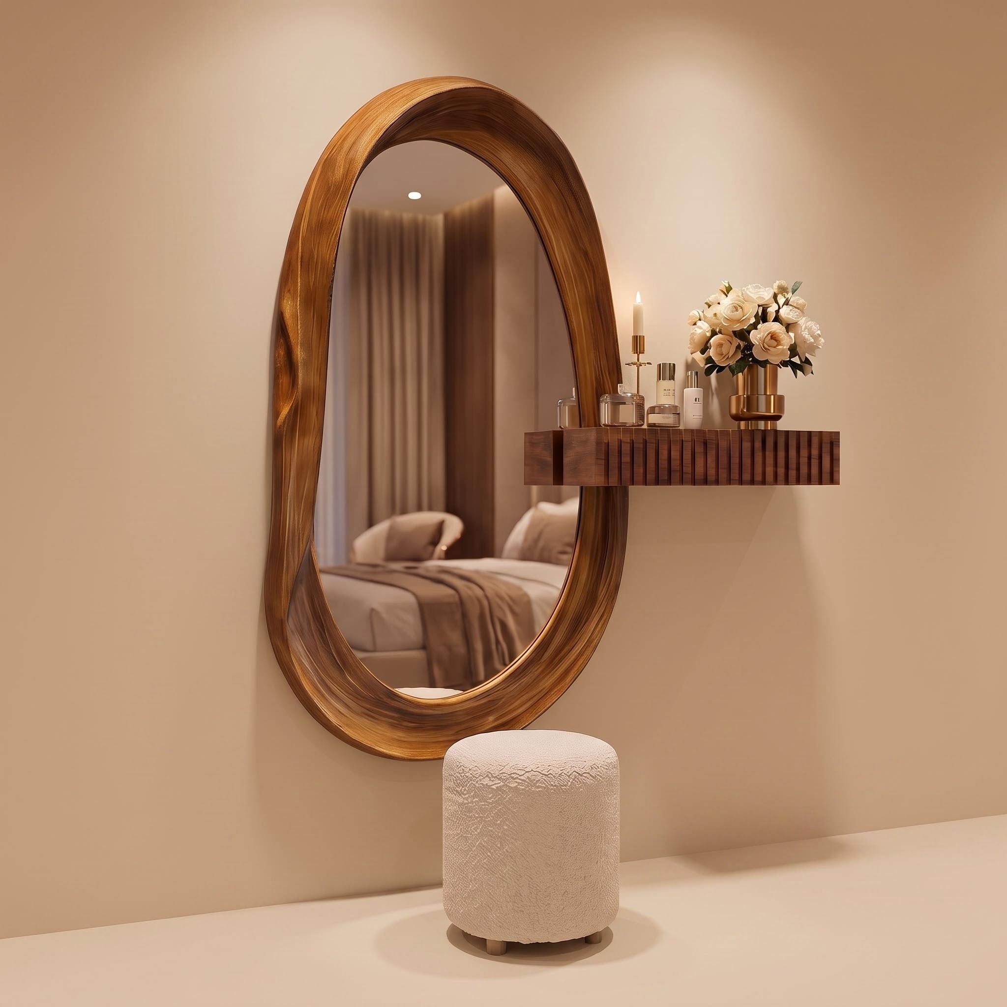 Oval Mirror with Fluted Side Shelf & Bouclé Stool Dressing Set | Bay Furniture