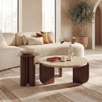 Bay Furniture Travertine Round Coffee Table & Walnut Side Table Set with Arch-Panel Base