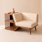 Bay Furniture Bouclé Storage Bench with Integrated Walnut Shelf Unit