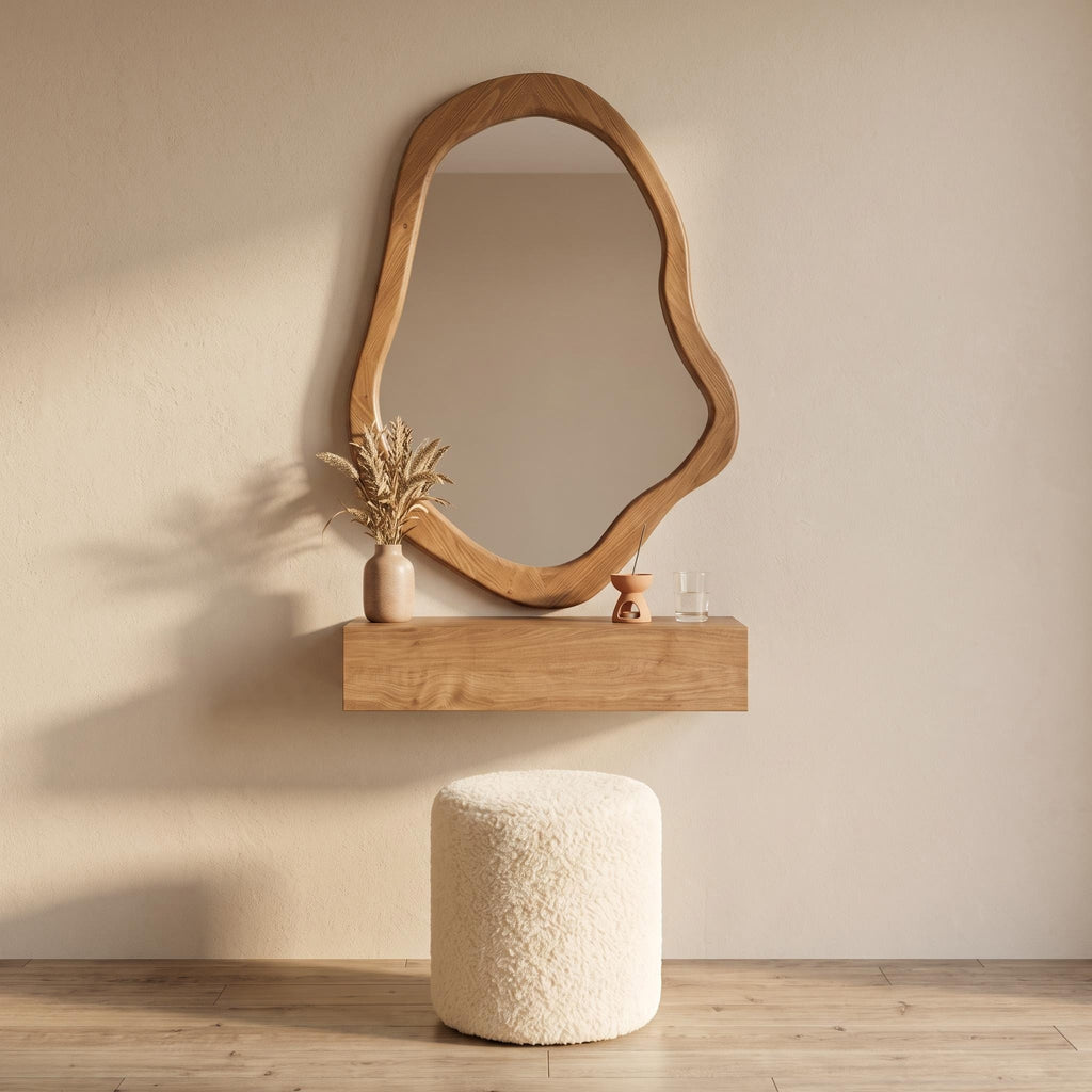 Bay Furniture Organic-Mirror Wall-Mounted Dressing Table Set with Bouclé Stool