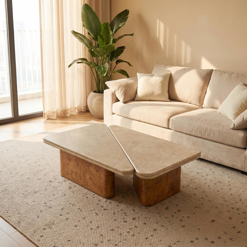 Bay Furniture Travertine Rounded-Rectangle Coffee Table Set with Burl Wood Plinth Base