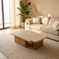 Bay Furniture Travertine Rounded-Rectangle Coffee Table Set with Burl Wood Plinth Base