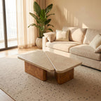 Bay Furniture Travertine Rounded-Rectangle Coffee Table Set with Burl Wood Plinth Base