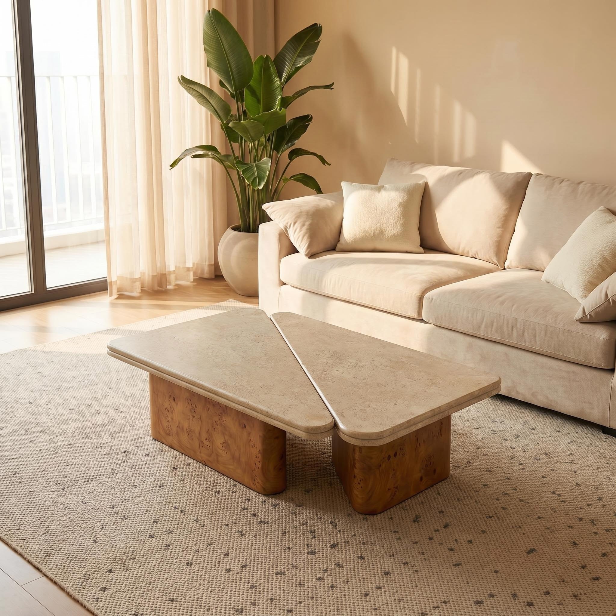 Bay Furniture Travertine Rounded-Rectangle Coffee Table Set with Burl Wood Plinth Base