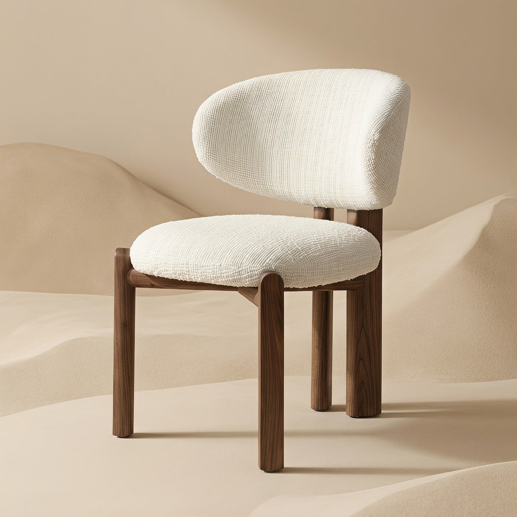 Bay Furniture Round-Back Bouclé Dining Chair with Walnut Cylinder Legs