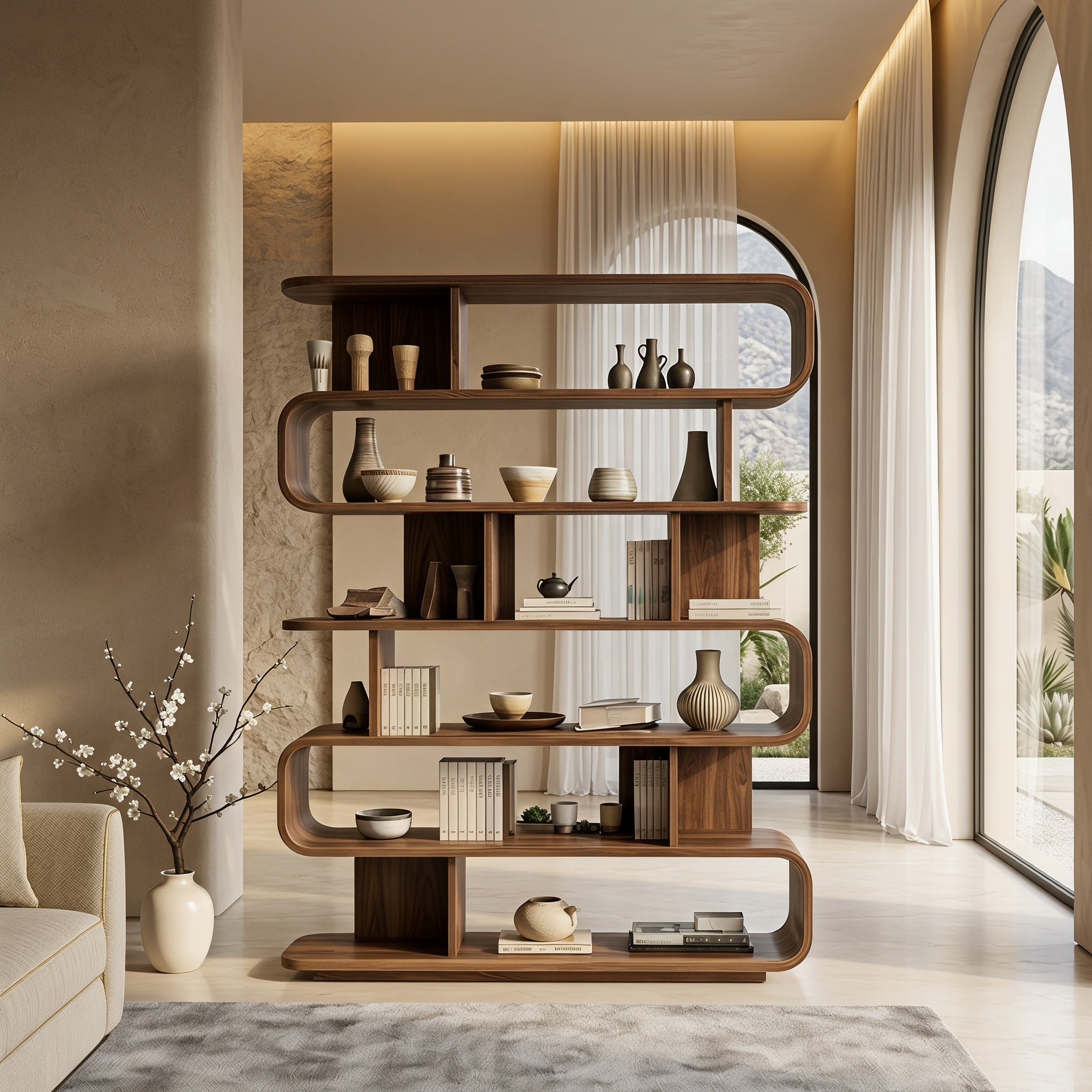 Bay Furniture Serpentine Open Bookcase in Walnut