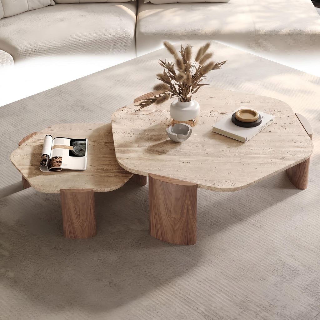 Bay Furniture Travertine Pebble-Form Nesting Coffee Table Set with Walnut Cylinder Legs