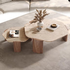 Bay Furniture Travertine Pebble-Form Nesting Coffee Table Set with Walnut Cylinder Legs