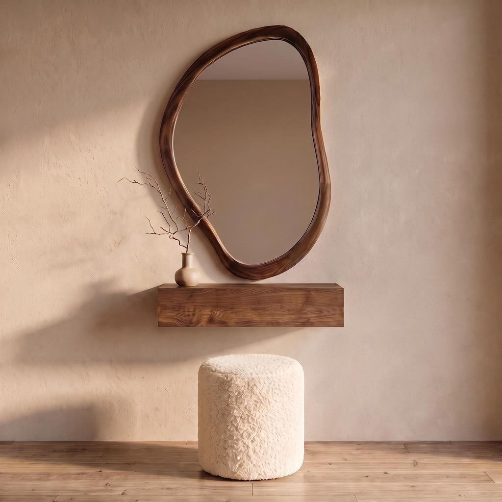 Organic Wall Mirror, Floating Shelf & Bouclé Stool Dressing Set – Walnut | Bay Furniture