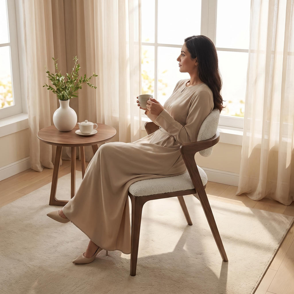 Bay Furniture Triangle-Arm Bouclé Dining Chair with Splayed Walnut Legs