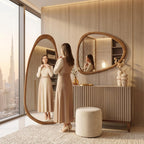Organic Floor Mirror, Wall Mirror, Fluted Cabinet & Stool Set – Walnut | Bay Furniture