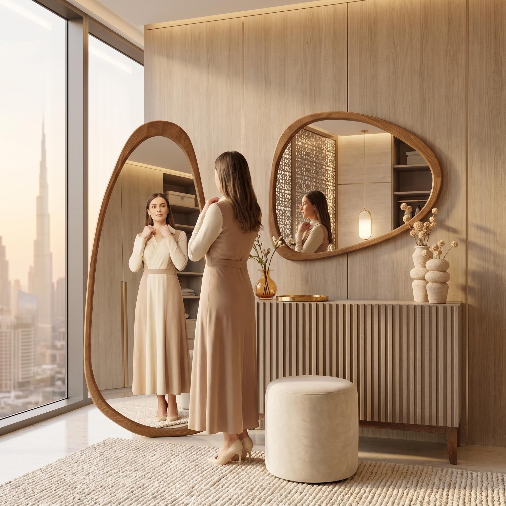 Organic Floor Mirror, Wall Mirror, Fluted Cabinet & Stool Set – Walnut | Bay Furniture