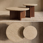 Bay Furniture Travertine Round Coffee & Side Table Set with Wide Cross-Panel Walnut Base