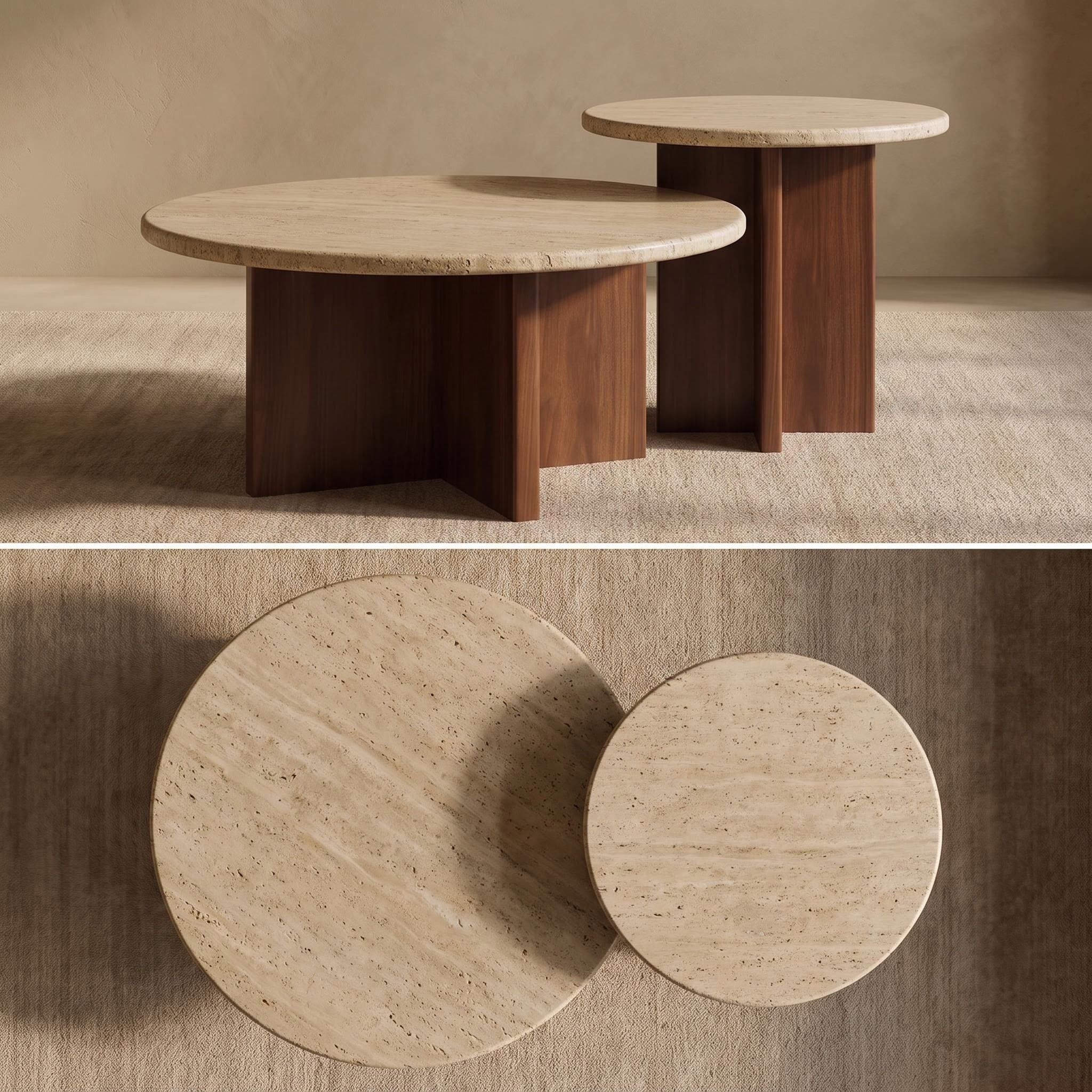 Bay Furniture Travertine Round Coffee & Side Table Set with Wide Cross-Panel Walnut Base