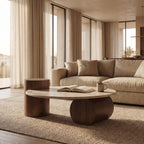 Bay Furniture Travertine Oval Coffee Table & Walnut Drum Side Table Set