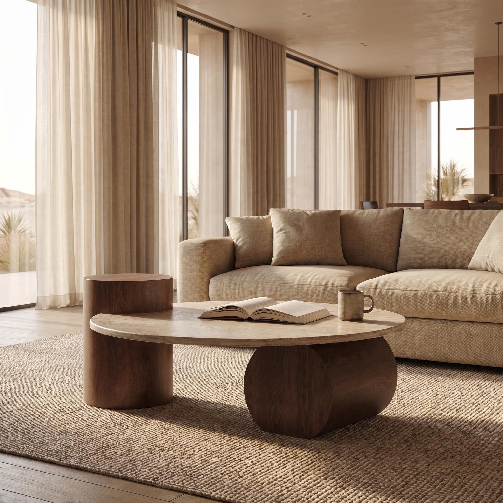 Bay Furniture Travertine Oval Coffee Table & Walnut Drum Side Table Set