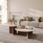 Bay Furniture Round Stone Nesting Coffee Table Set with Cross-Base Walnut Pedestals