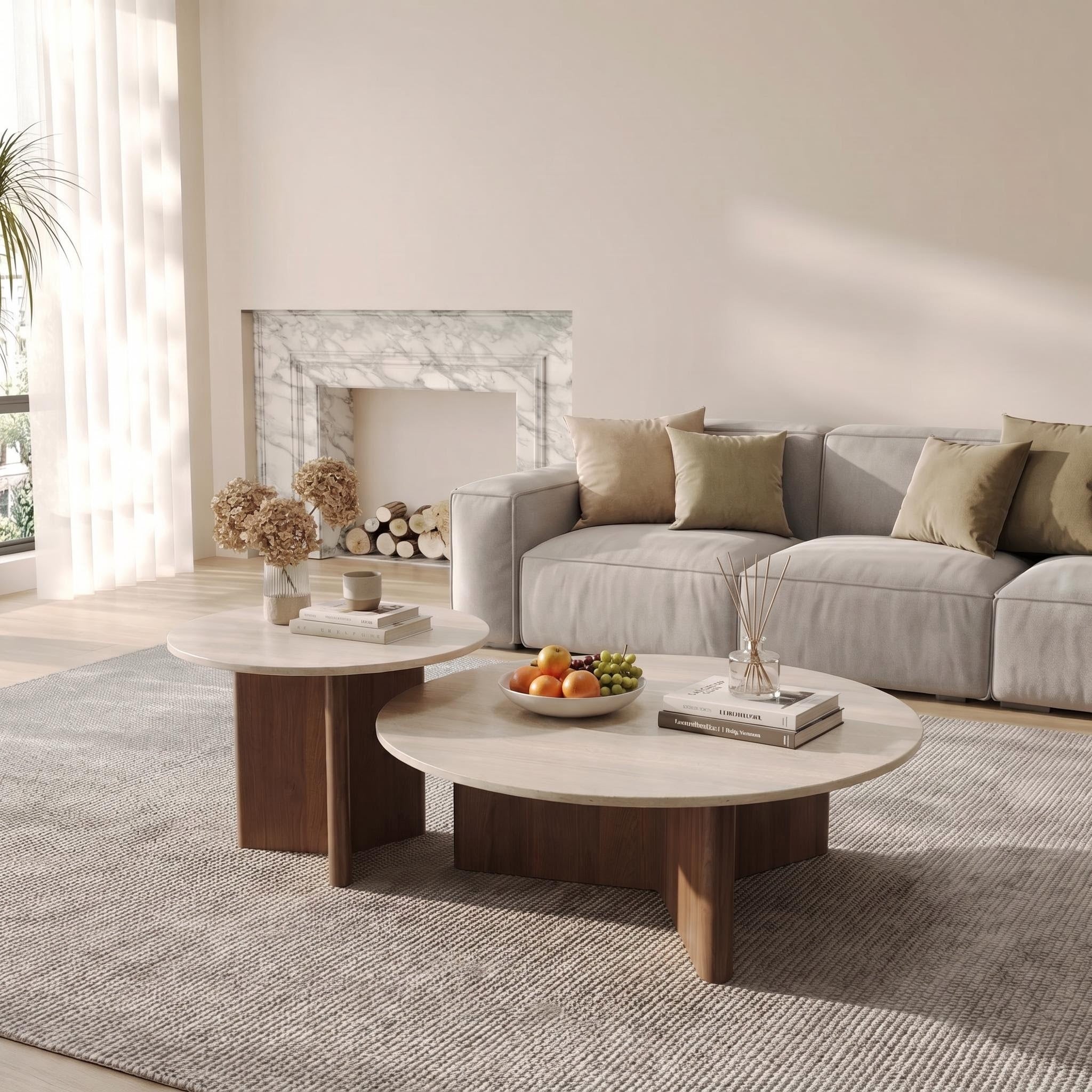 Bay Furniture Round Stone Nesting Coffee Table Set with Cross-Base Walnut Pedestals