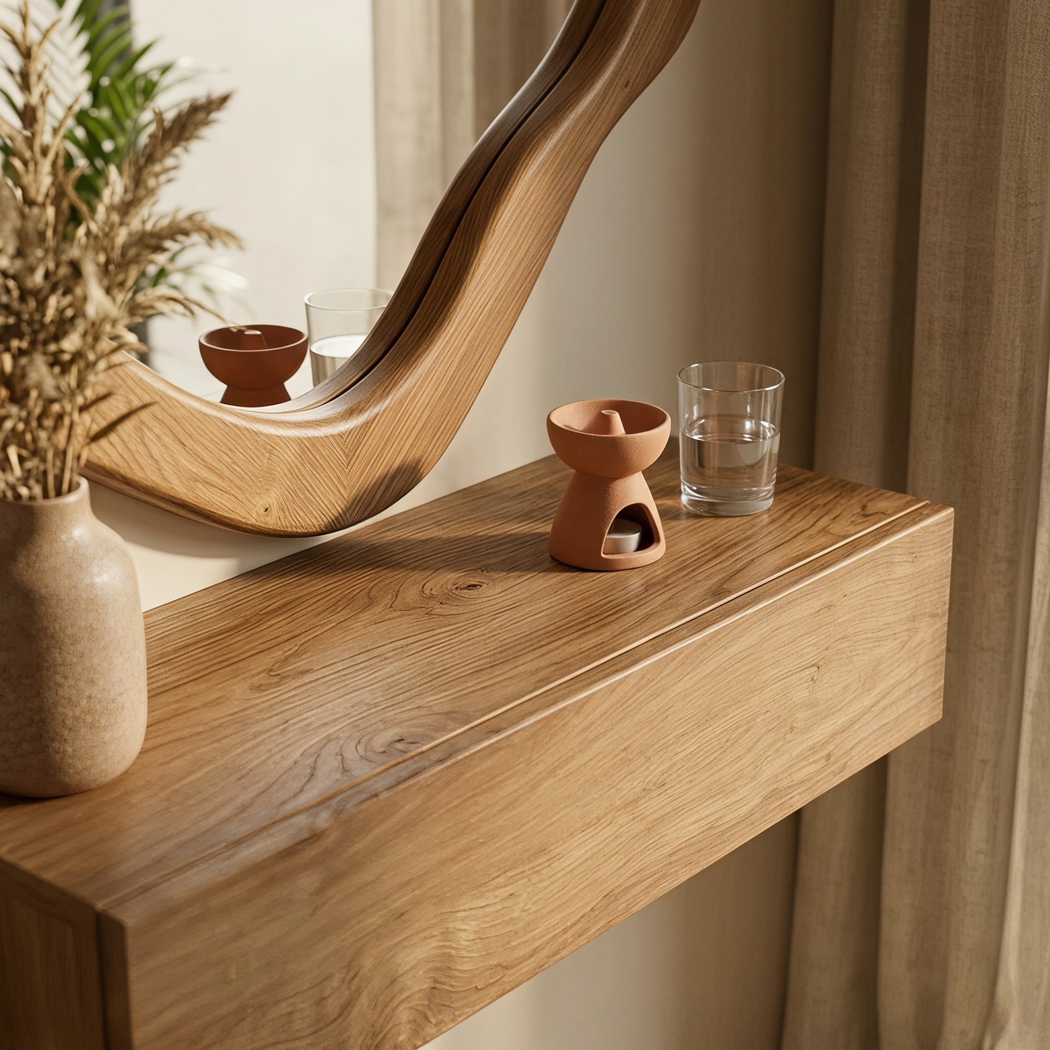 Bay Furniture Organic-Mirror Wall-Mounted Dressing Table Set with Bouclé Stool