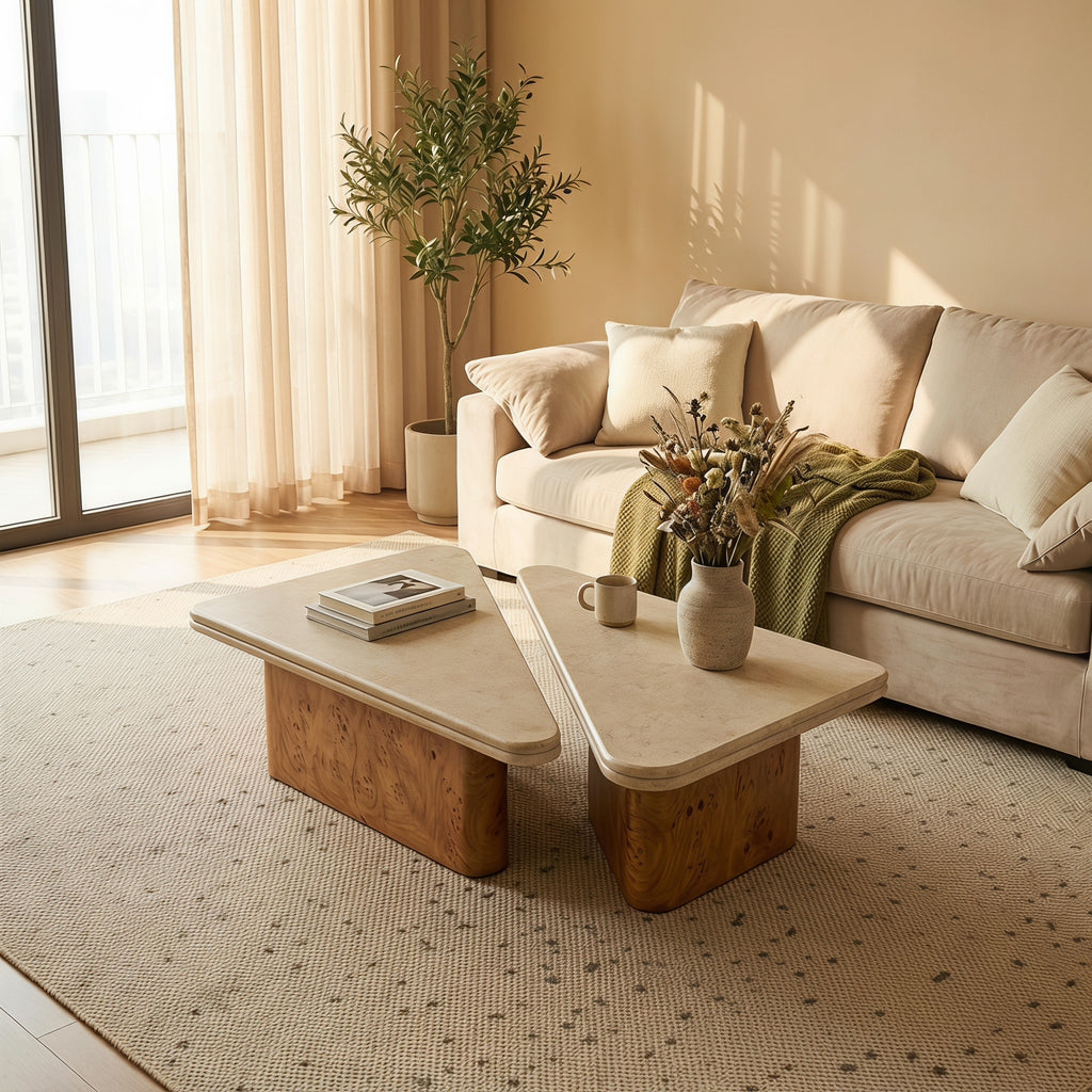 Bay Furniture Travertine Rounded-Rectangle Coffee Table Set with Burl Wood Plinth Base