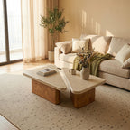 Bay Furniture Travertine Rounded-Rectangle Coffee Table Set with Burl Wood Plinth Base