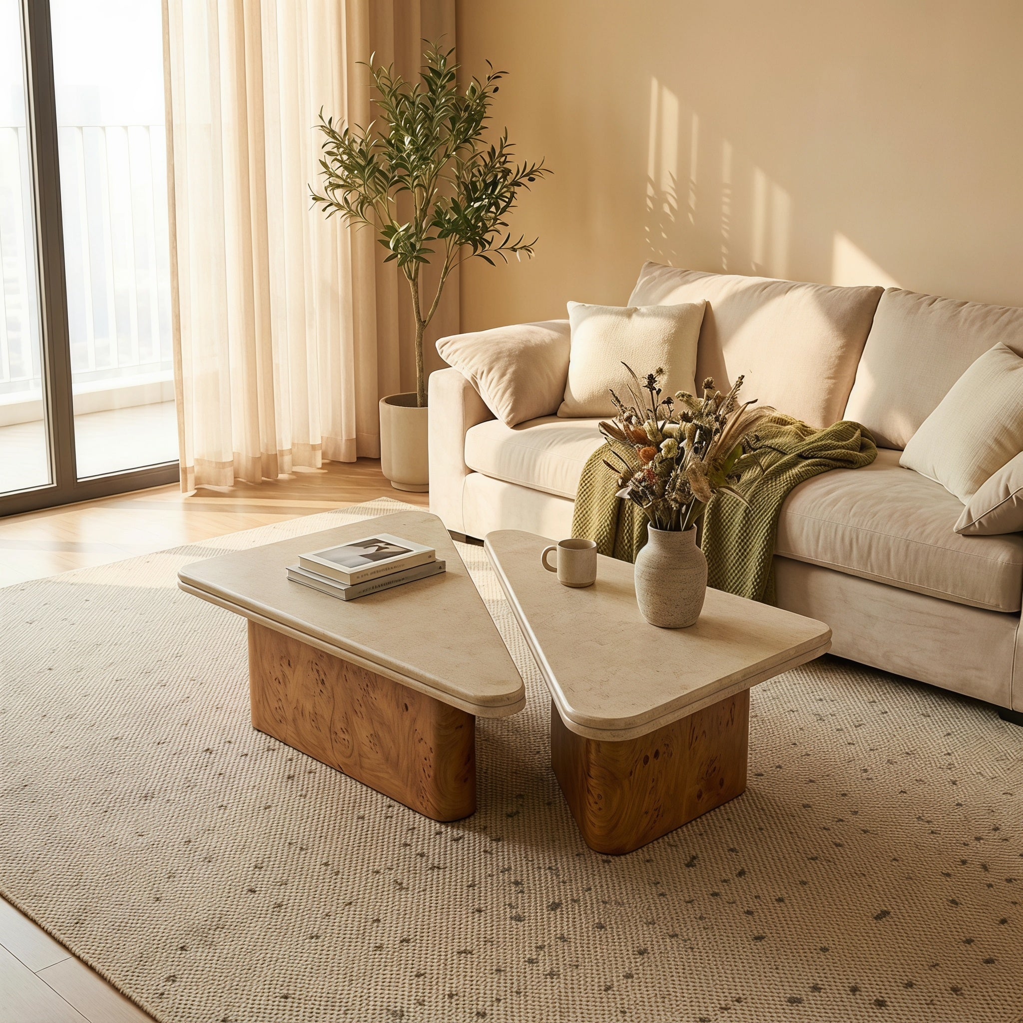 Bay Furniture Travertine Rounded-Rectangle Coffee Table Set with Burl Wood Plinth Base