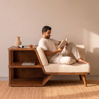 Bay Furniture Bouclé Storage Bench with Integrated Walnut Shelf Unit