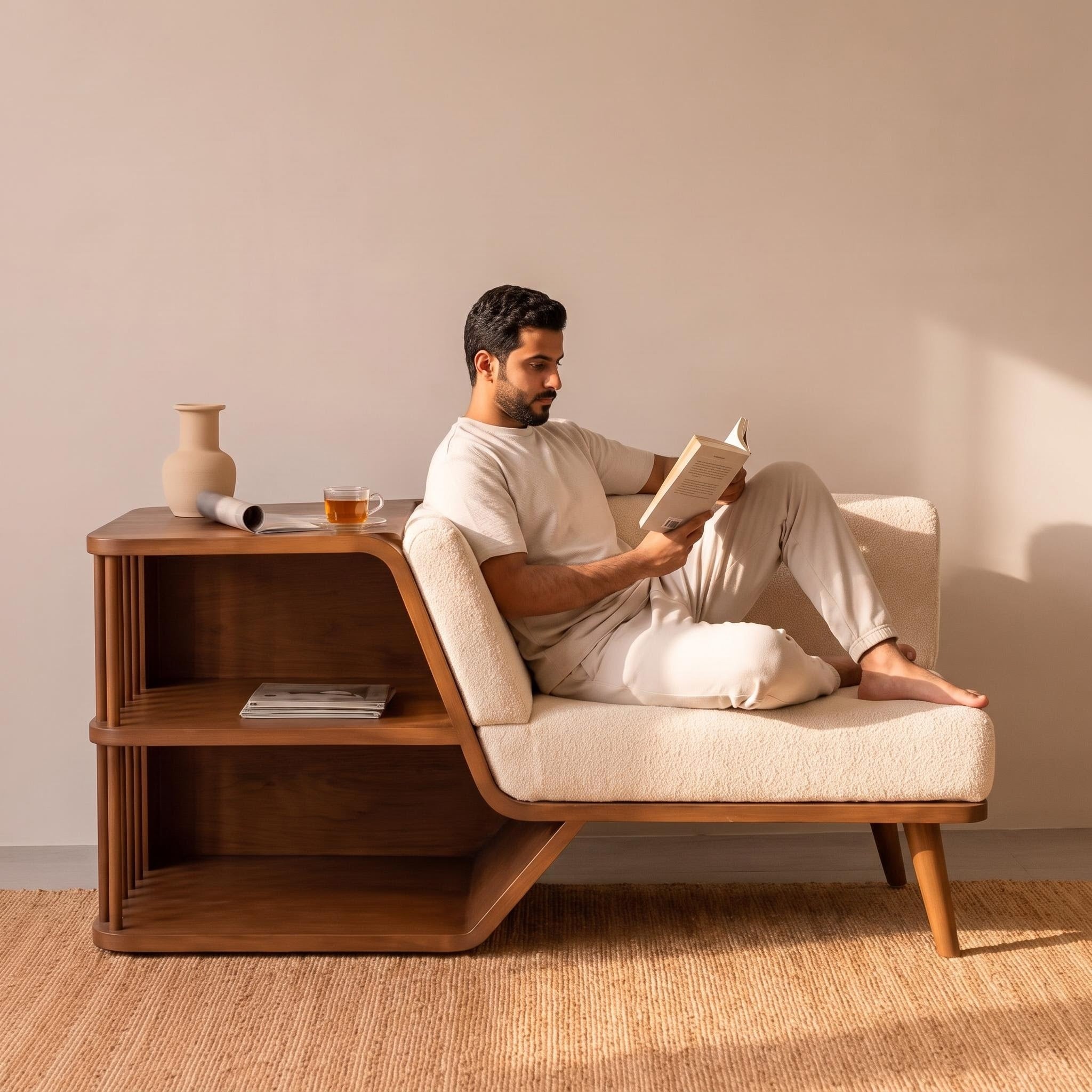 Bay Furniture Bouclé Storage Bench with Integrated Walnut Shelf Unit