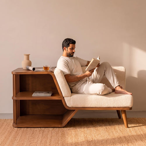 Bay Furniture Bouclé Storage Bench with Integrated Walnut Shelf Unit