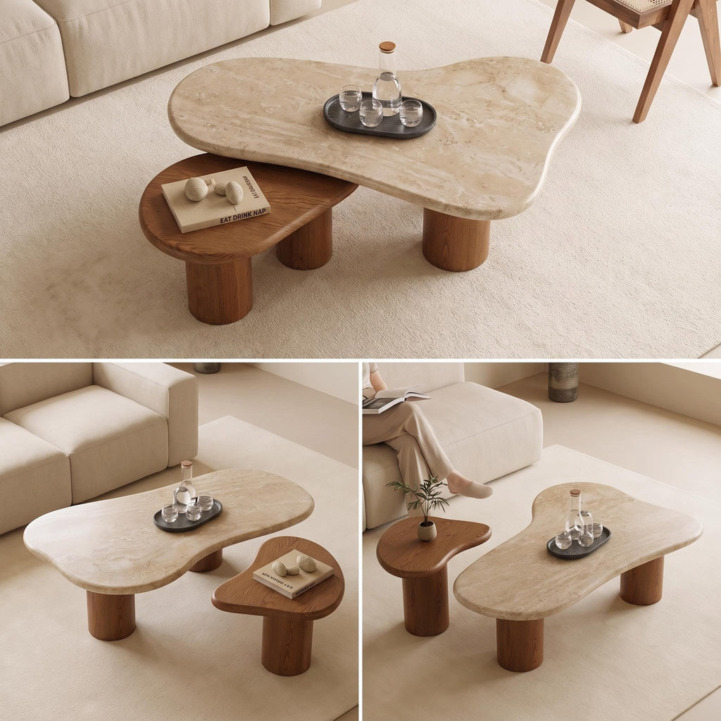 Bay Furniture Cloud-Form Travertine & Walnut Nesting Coffee Table Set