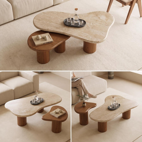 Bay Furniture Cloud-Form Travertine & Walnut Nesting Coffee Table Set